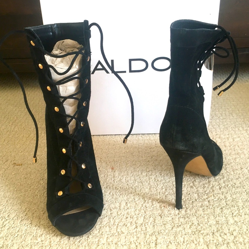 Aldo Porchiano Black Suede Lace-Up Peep Toe Booties_ - Picture 4 of 16